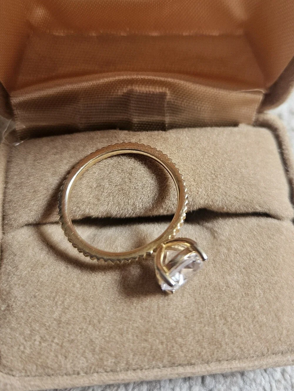 Classic Gold Tone Solitaire Ring with Clear Stone Sterling Silver Size 7